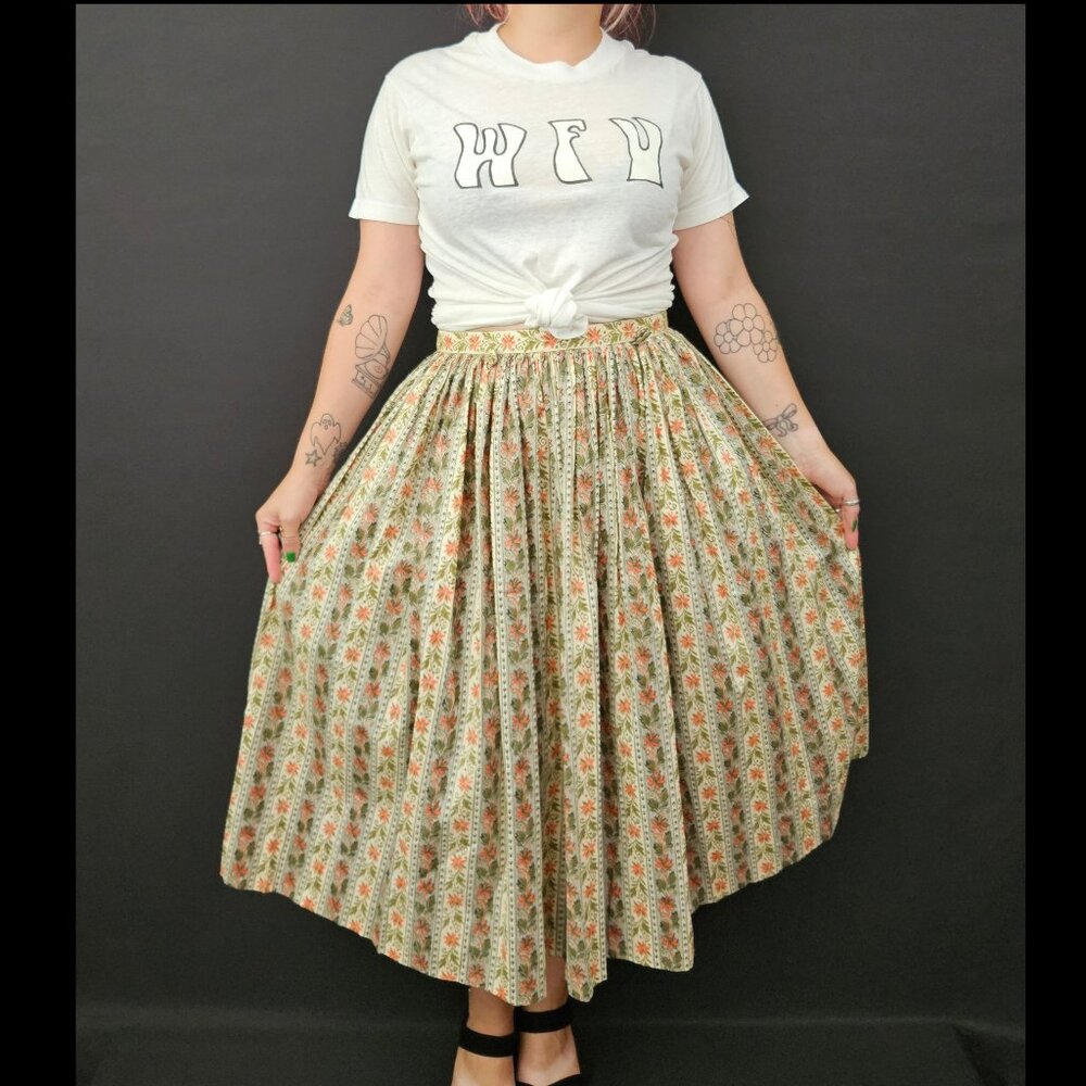 50s Floral Striped Pleated Skirt